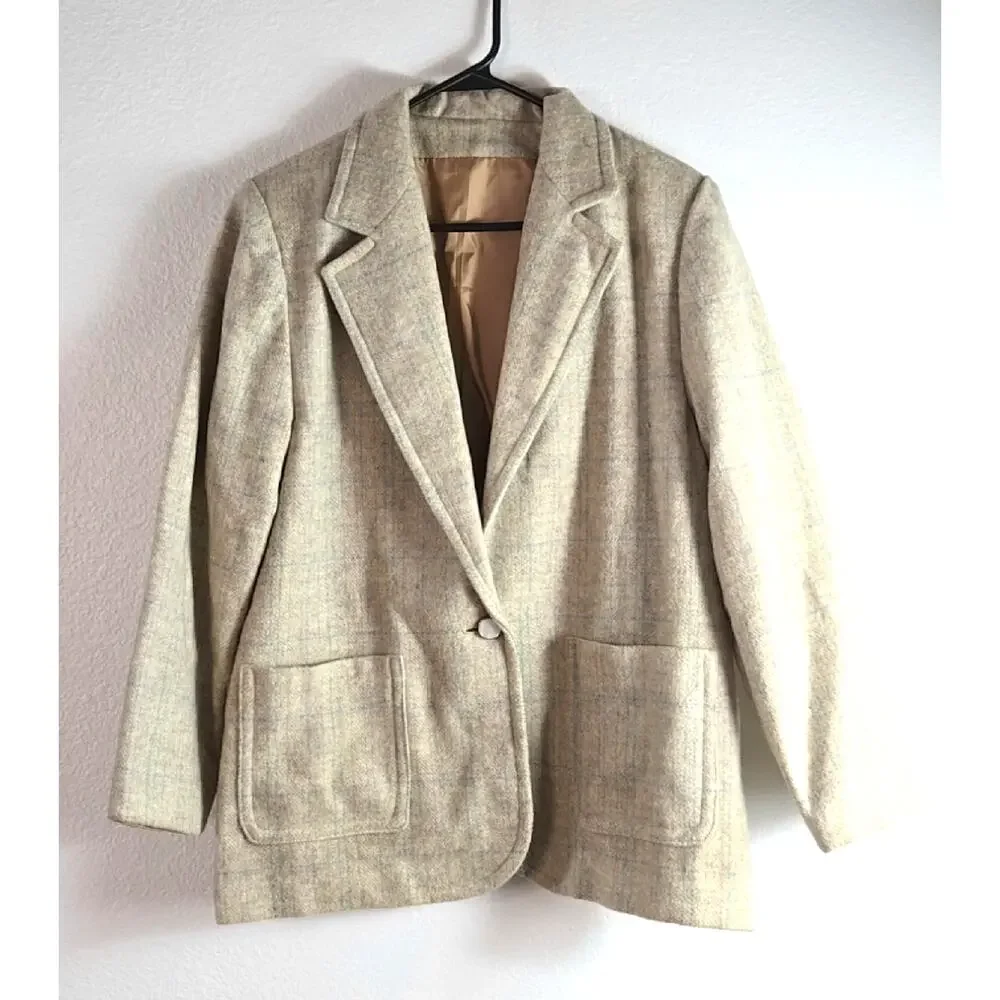 Vintage Handmade Wool Plaid Blazer Women’s L Lined Shoulder Pads